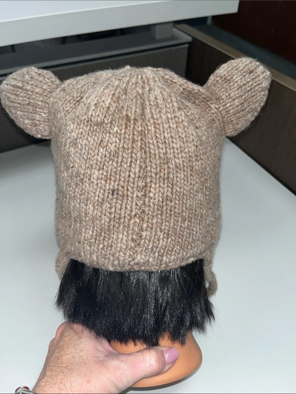 Source Unknown adult Brown and White Knit Puma / Cougar Earflap winter Hat